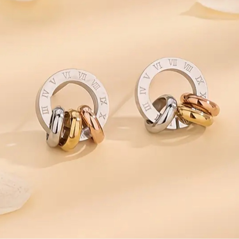 Elegant Tri-Color Roman Numeral Earrings